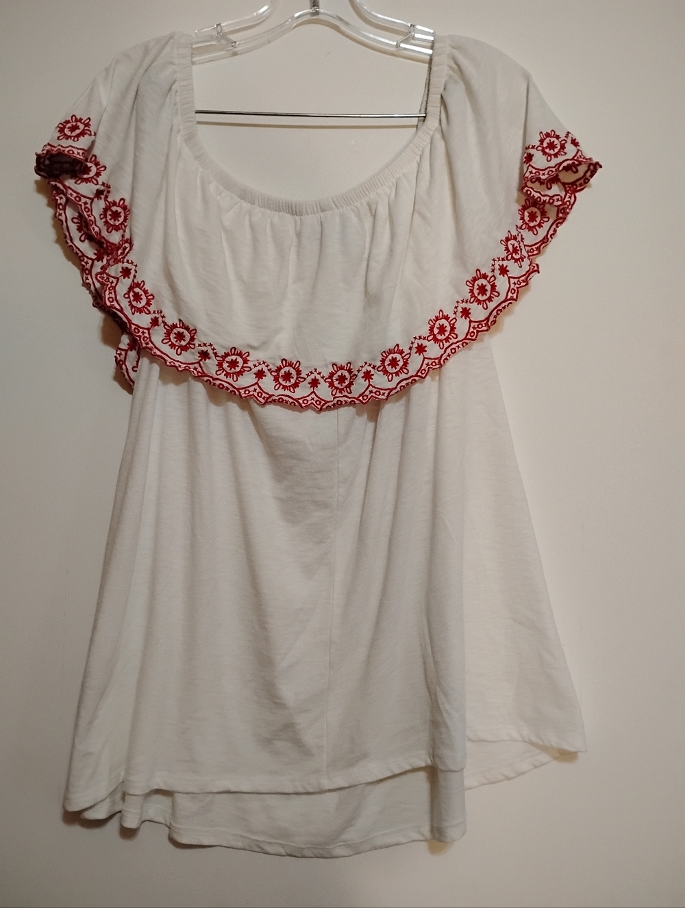 LANE BRYANT White Embroidered Off-Shoulder 60%Cotton FLARE Top Red Trim 14/16 - Picture 4 of 10